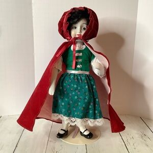 Vintage Little Red Riding Hood Creepy Porcelain Doll Black Hair Dark Eyes 12"